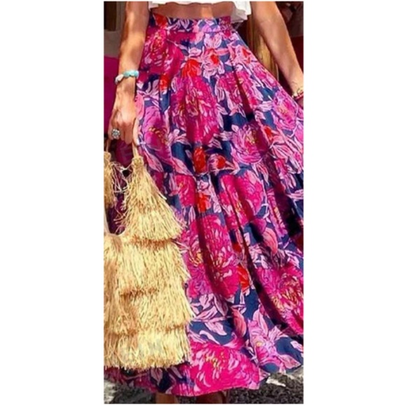 Dresses & Skirts - Boho Hot Pink Floral print Stretchy Waist Ruffle Hem Maxi Skirt